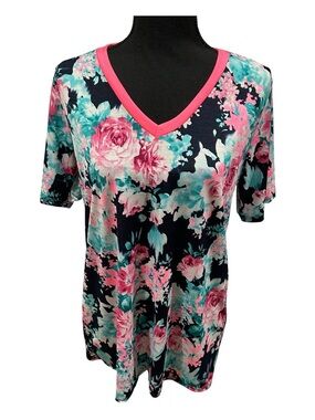 HEIMISH USA Navy Floral Top with Bright Pink Accents - Size M